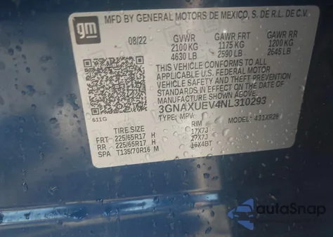 2022 Chevrolet Equinox Awd Lt из США, поврежденный, VIN 3GNAXUEV4NL310293